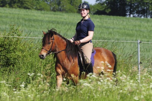 Woman riding pony, rider, riding helmet, riding equipment