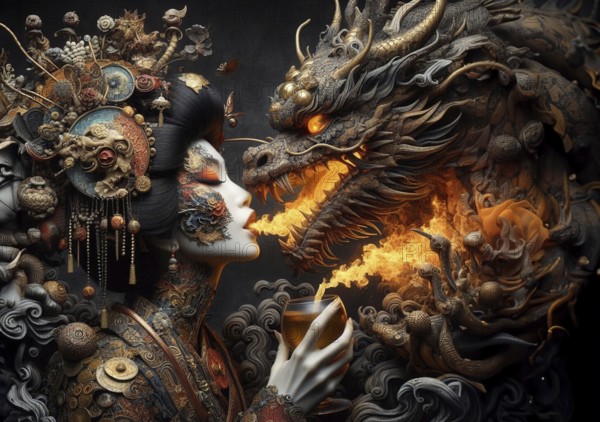 A steampunk porcelain tattoed geisha spitting flames of fire, taming and confronting a fierce golden dragon, surreal art for chinese new year celebration, ai generated, AI generated