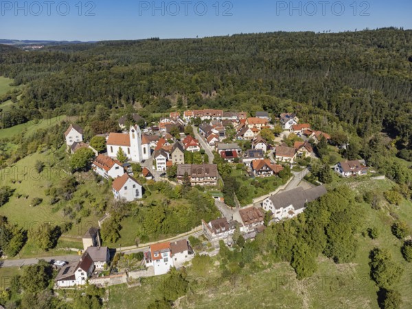 Aerial view of the historic old town of Aach im Hegau, Constance district, Baden-Württemberg, Germany, Europe