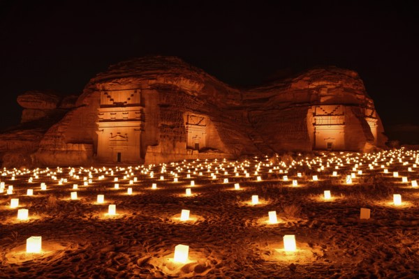 Illuminated Nabataean tombs at night, Hegra or Mada'in Salih, AlUla region, Medina province, Saudi Arabia, Arabian Peninsula, Asia