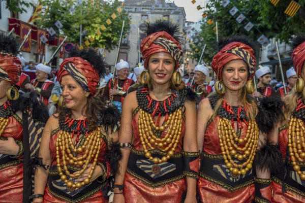Women in historical clothing, Moors and Christians Parade, Moros y Cristianos, Jijona or Xixona, Province of Alicante, Costa Blanca, Spain, Europe