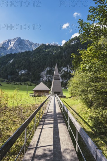 The mountain church Klöntal, behind it the 2294 metre high Mutteristock, Canton Glarus, Switzerland, Europe