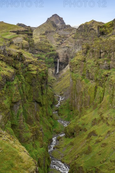Mountain landscape with green canyon, waterfall and river in Múlagljúfur Canyon, Sudurland, Iceland, Europe
