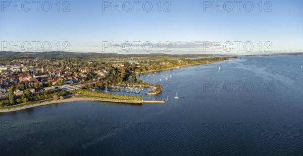 Aerial view of the town of Radolfzell on Lake Constance with boat harbour and pier, Constance district, Baden-Württemberg, Germany, Europe