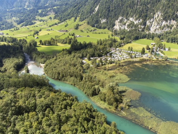 The Vorauen campsite on Lake Klöntal with the Chlü tributary, Klöntal, Canton Glarus, Switzerland, Europe