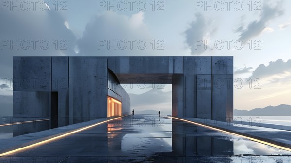 Minimalistic grey colored architecture in geometric adorned structures against a surreal backdrop, AI generated