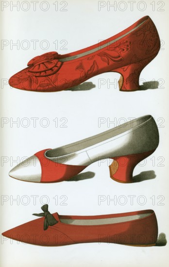 Shoe fashion in 1900, women's shoes, brocade shoe, red and white satin shoe, shoe belonging to Rosa Anderson, a fair maid of Perth (1900), Brocade shoe, red and white satin shoe, shoe belonging to Rosa Anderson, a fair maid of Perth (1900)