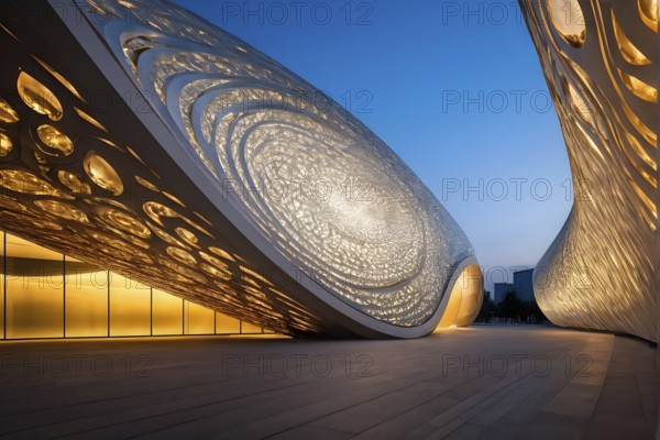 Modern art museum architecture inspired by seashells spiral patterns, AI generated