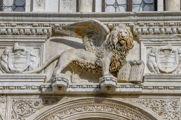 Winged lion in the courtyard of the Doge's Palace, San Marco district, Venice, Veneto region, Italy, Europe