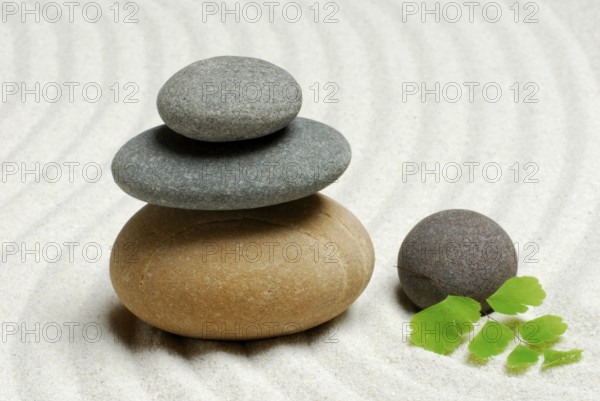 Stacked stones and leaf of lady hair fern, in sand