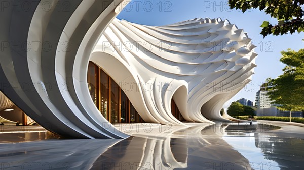 Modern art building design concept showcasing the spiral patterns found in seashells, AI generated