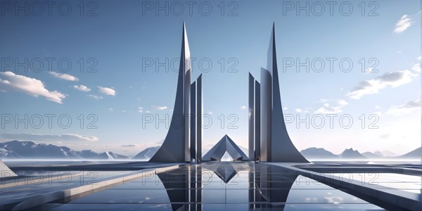 Minimalistic grey colored architecture in geometric adorned structures against a surreal backdrop, AI generated