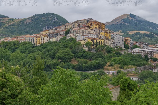 The mountain village of Bella and the southern Italian landscape. Bella, Basilicata, Southern Italy, Southern Europe