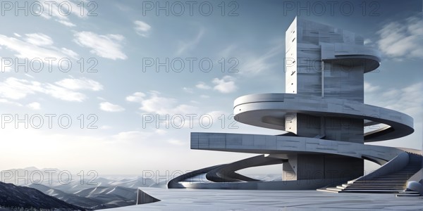 Minimalistic grey colored architecture in geometric adorned structures against a surreal backdrop, AI generated