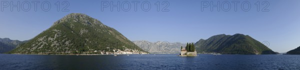 Panoramic view, view from the island of Maria from the Rock, Gospa od Skrpjela to Perast and the island of Sveti Dorde, World Natural and Cultural Heritage, Bay of Kotor, Mediterranean Sea, Adriatic Sea, Kotor, Montenegro, Europe