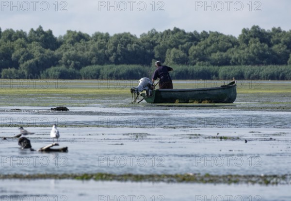 Fishermen in a boat on the water of Lacul Isaccel, a lake in the Danube Delta. UNESCO Danube Delta Biosphere Reserve. Munghiol, Tulcea, Romania, Southeast Europe, Europe
