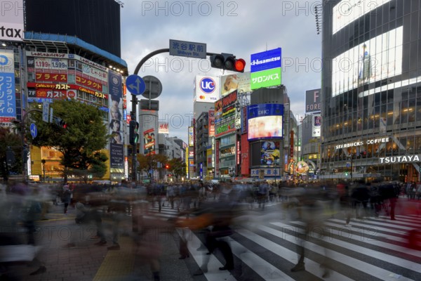 People cross the Shibuya crossroads, most frequented crossroads in the world, Shibuya, Tokyo, Japan, Asia