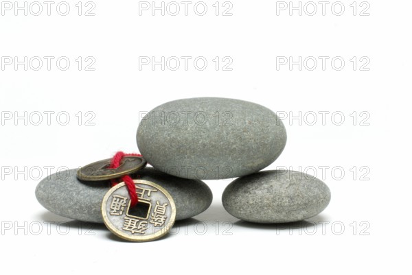 Stacked stones and Chinese lucky coins, coins, lucky coins, lucky coin, coin, freestanding, object