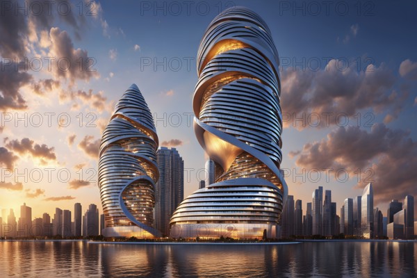 Modern skyscraper design concept showcasing the spiral patterns found in seashells, AI generated