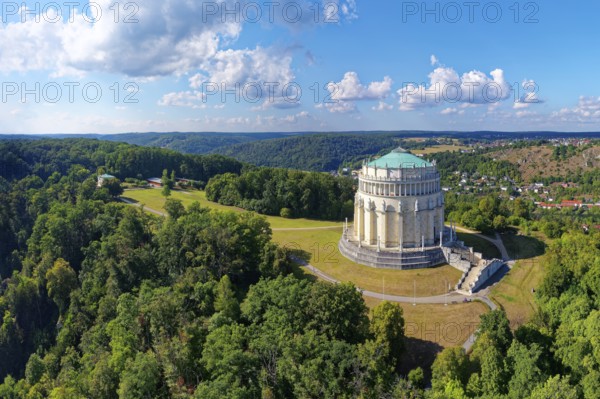 Aerial view, monument Befreiungshalle Kehlheim, round hall with dome, 45 m high, 29 m diameter, classicism, built 1842 to 1863 by Friedrich von Gärtner and Leo von Klenze, Michelsberg, Kelheim, Lower Bavaria, Bavaria, Germany, Europe