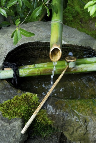 Fountain and bamboo ladle, Ryoanji, Ryoan-ji temple, Kyoto, Japan, Asia