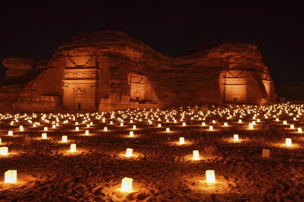 Illuminated Nabataean tombs at night, Hegra or Mada'in Salih, AlUla region, Medina province, Saudi Arabia, Arabian Peninsula, Asia