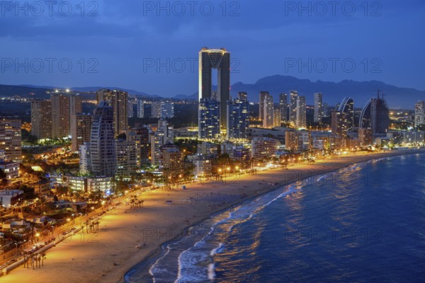 Skyline of Benidorm with the high-rise Intempo, with 192 metres the highest residential building in Europe, blue hour, Playa Poniente, Benidorm, Costa Blanca, Valencia County, Spain, Europe