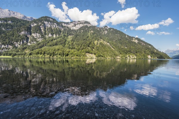 View over Lake Klöntal, Canton Glarus, Switzerland, Europe