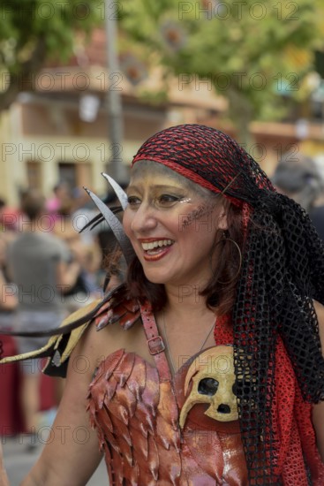 Woman in traditional clothes, Moors and Christians Parade procession, Moros y Cristianos, Jijona or Xixona, Alicante, Costa Blanca, Spain, Europe