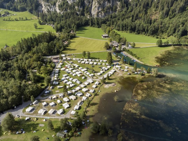 The Vorauen campsite and boat harbour on Lake Klöntal, Klöntal, Canton Glarus, Switzerland, Europe