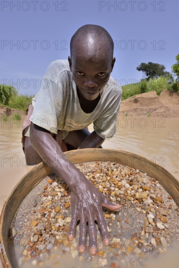 Diamond hunter searching for diamonds with a sieve, near Koidu, Koidu-Sefadu, Kono District, Eastern Province, Sierra Leone, Africa