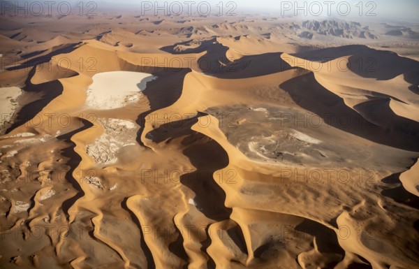 Aerial view, red sand dunes of Sossusvlei, Deadvlei salt pan and Daddy Dune from above, Namib Desert, Namib-Naukluft National Park, Namibia, Africa
