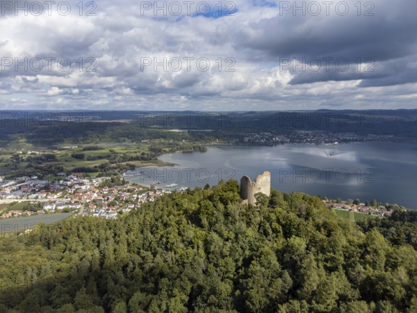 Aerial view of Lake Constance with the ruins of Altbodman with the village of Bodman-Ludwigshafen, Constance district, Baden-Württemberg, Germany, Europe