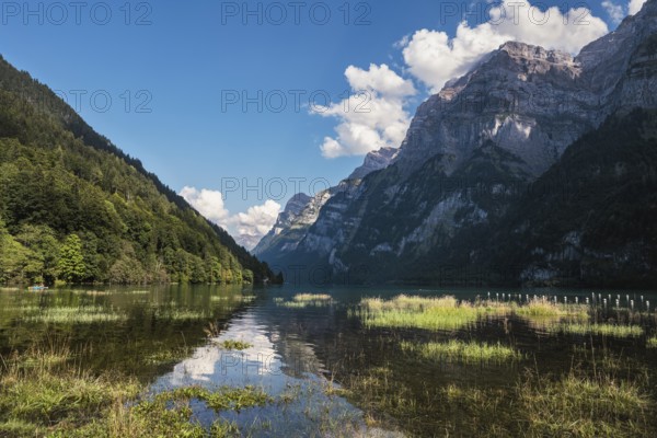 View over the Klöntalersee, with the Glärnischgruppe up to 2915 metres high, Canton Glarus, Switzerland, Europe