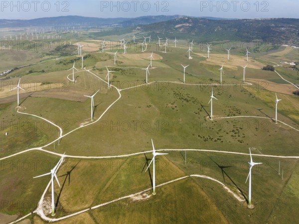 Windmills on a wind farm near Zahara de los Atunes, aerial view, drone shot, Cádiz province, Andalusia, Spain, Europe