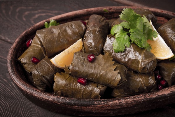 Dolma (Tolma) stuffed rolls, minced meat with rice, in grape leaves, top view, no people, close-up