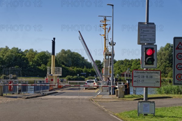 Pier of the canal ferry Fischerhütte on the Kiel Canal. Fischerhütte, Steenfeld, Schleswig-Holstein, Germany, Europe