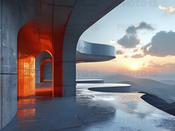 Minimalistic grey colored architecture in geometric adorned structures against a surreal backdrop, AI generated