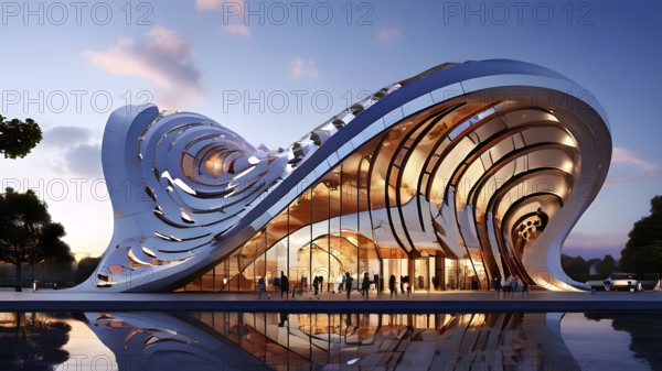 Modern art building design concept showcasing the spiral patterns found in seashells, AI generated