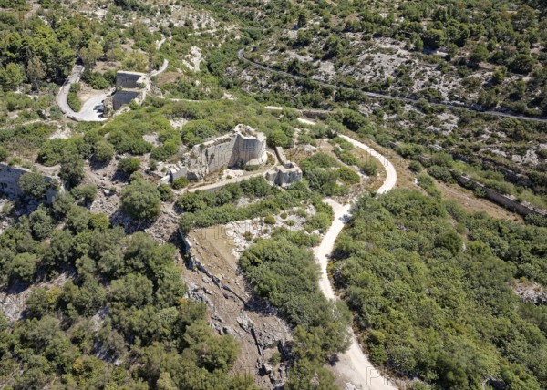 Aerial view of the archaeological site of Noto Antica, ancient Neton, which was completely destroyed by an earthquake in 1693. Noto, Sicily, Italy, Southern Europe, Europe