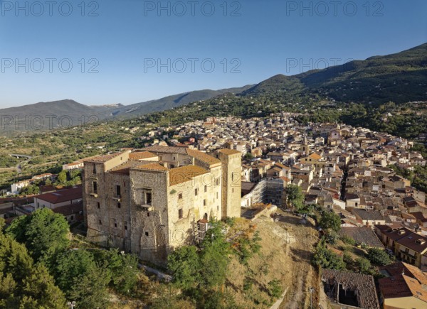 The medieval castle and the historic centre of the Sicilian town of Castelbuono on a hill. Sicily, Italy, Southern Europe, Europe