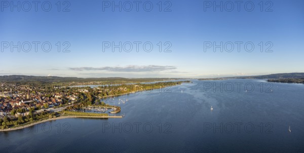 Aerial view of the town of Radolfzell on Lake Constance with boat harbour and pier, Constance district, Baden-Württemberg, Germany, Europe