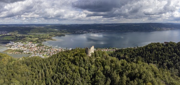 Aerial view of Lake Constance with the ruins of Altbodman with the village of Bodman-Ludwigshafen, Constance district, Baden-Württemberg, Germany, Europe