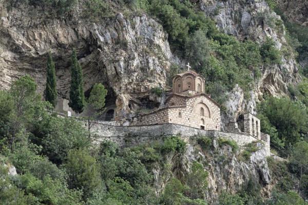 St. Michael's Church, a rock church, on Castle Hill above Berat. The town is a UNESCO World Heritage Site. Berat, Albania, Southeast Europe, Europe