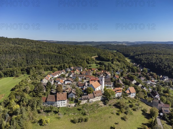 Aerial view of the historic old town of Aach im Hegau, Constance district, Baden-Württemberg, Germany, Europe
