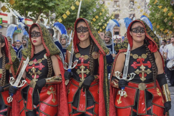 Women in historic clothing, Moors and Christians Parade, Moros y Cristianos, Jijona or Xixona, Province of Alicante, Costa Blanca, Spain, Europe