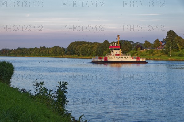 The Pillau canal ferry at the Sehestedt-Süd ferry terminal on the Kiel Canal. Sehestedt, Schleswig-Holstein, Germany, Europe