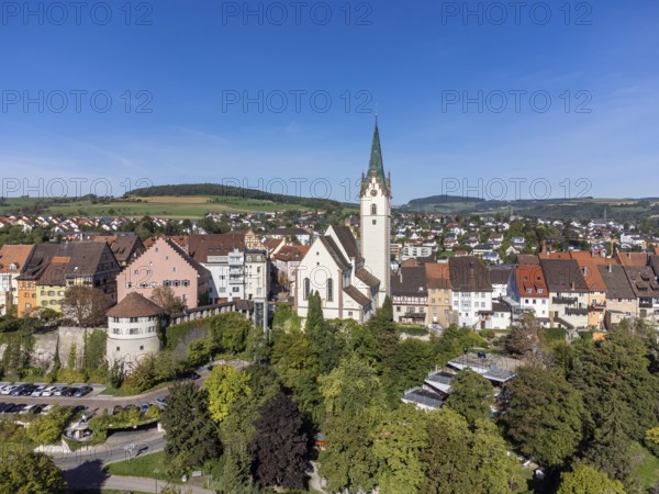 Aerial view of the town of Engen with the Church of the Assumption of the Virgin Mary, Constance district, Baden-Württemberg, Germany, Europe