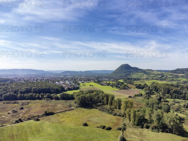 View over the Hausener Aachried to the Hegau volcano Hohentwiel with the town of Singen, Constance district, Baden-Württemberg, Germany, Europe