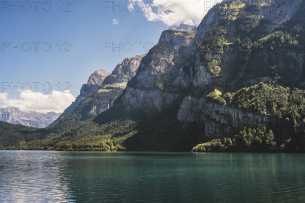 View over the Klöntalersee, with the Glärnischgruppe up to 2915 metres high, Klöntal, Canton Glarus, Switzerland, Europe